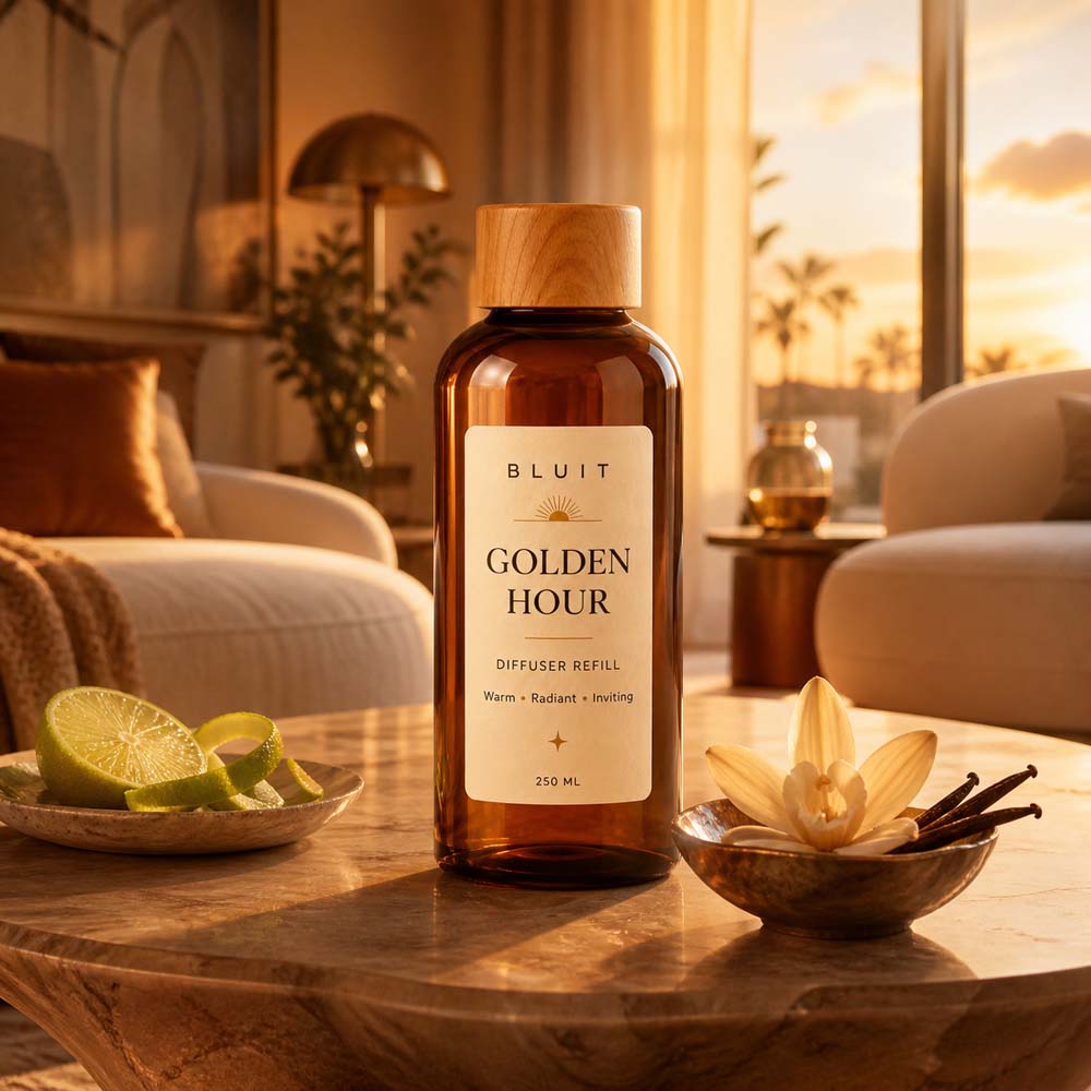 Bluit Golden Hour diffuser refill in a warm sunset-lit living room