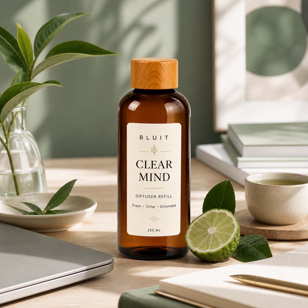 Bluit Clear Mind diffuser refill in a fresh, focused workspace