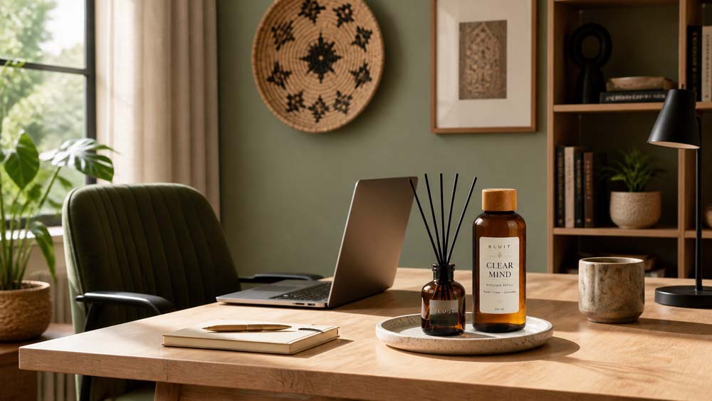 A calm home office styled with Bluit Clear Mind