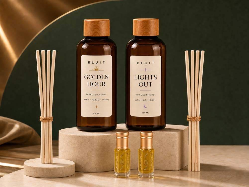 Duo package with two Bluit diffuser refills, reed sticks and two perfume oils