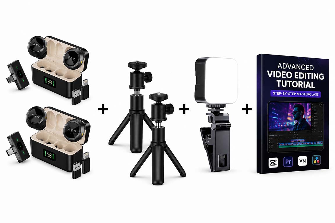 Double Q8 microphone offer with two table tripods, LED fill light and advanced video editing tutorial