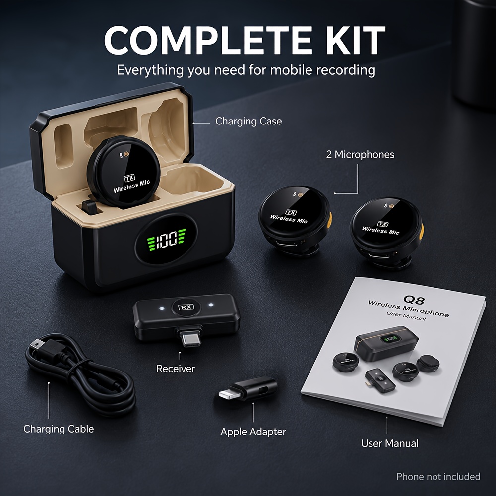 Complete Q8 kit with two microphones, receiver, charging case, cable, adapter and manual