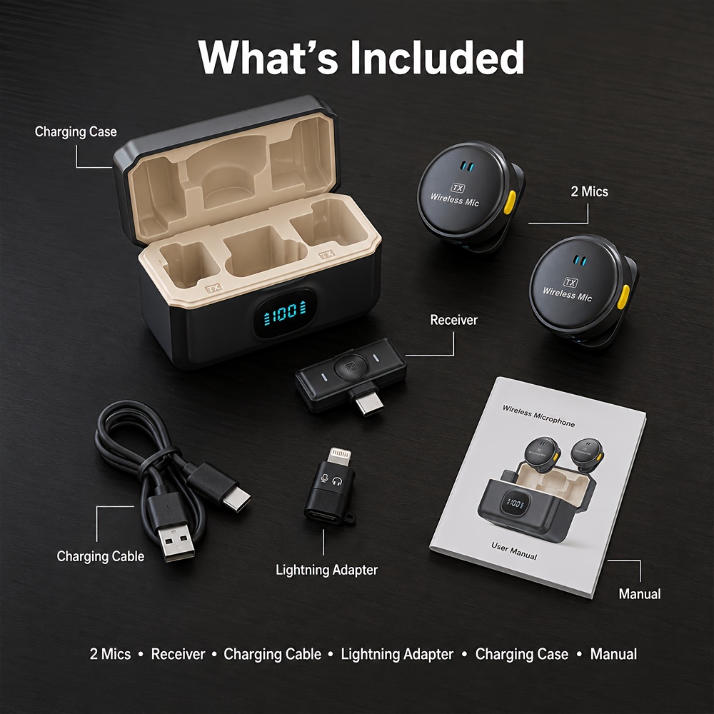 Q8 package contents including two microphones, receiver, case and cable