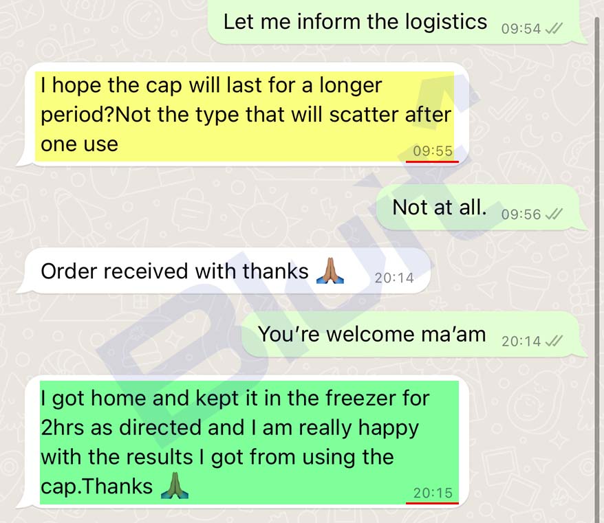 Customer WhatsApp testimonial saying she was happy with the results from using the Bluit cap