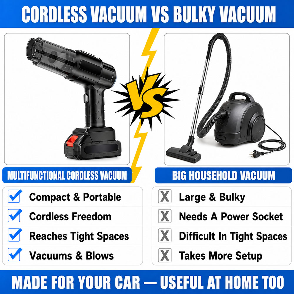 Comparison of the portable cordless MiniVac and a bulky household vacuum