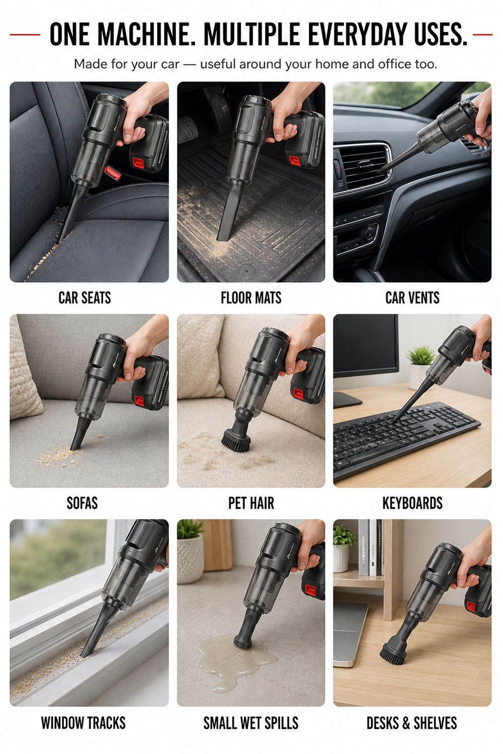 Multifunctional cordless vacuum being used for everyday cleaning tasks